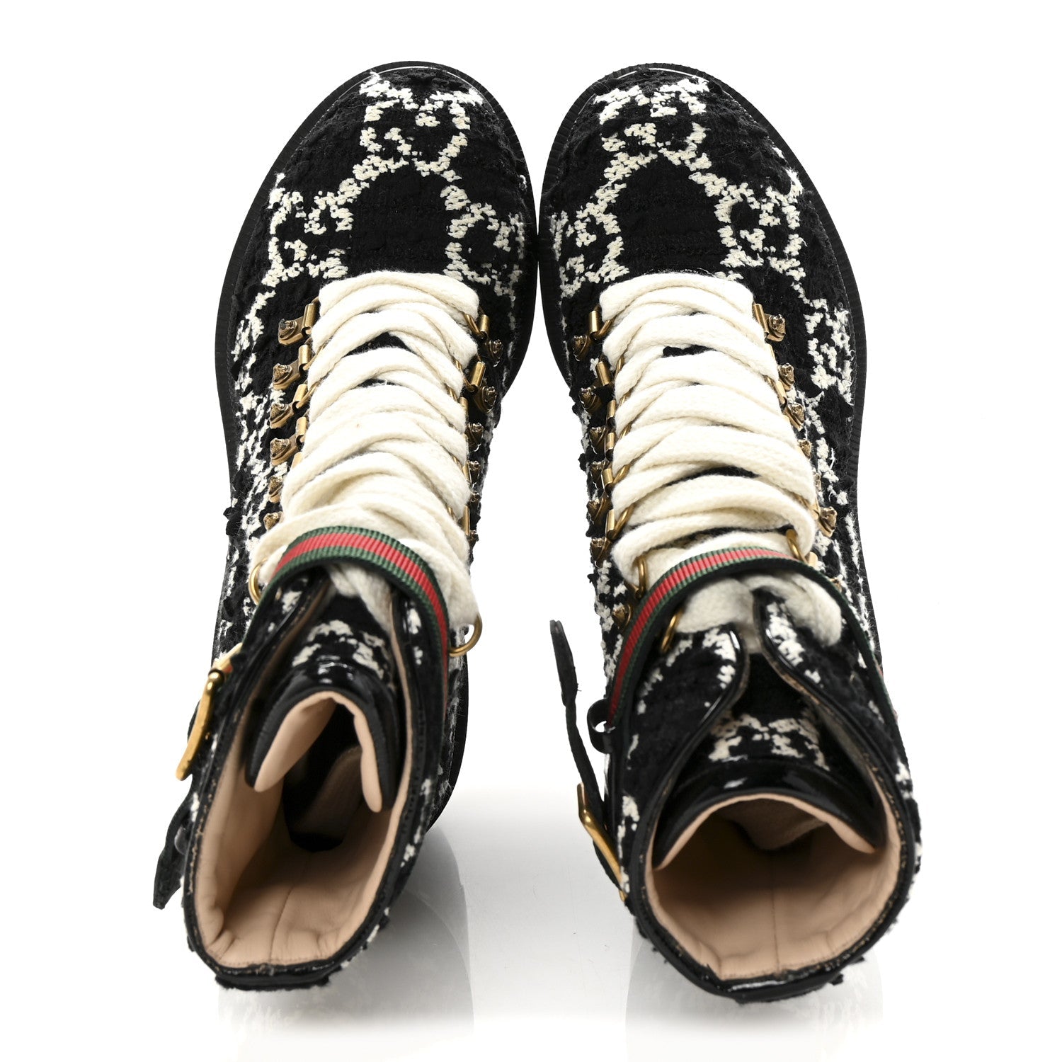 Tweed GG Monogram Lace Up Combat Ankle Boots 35.5 Black